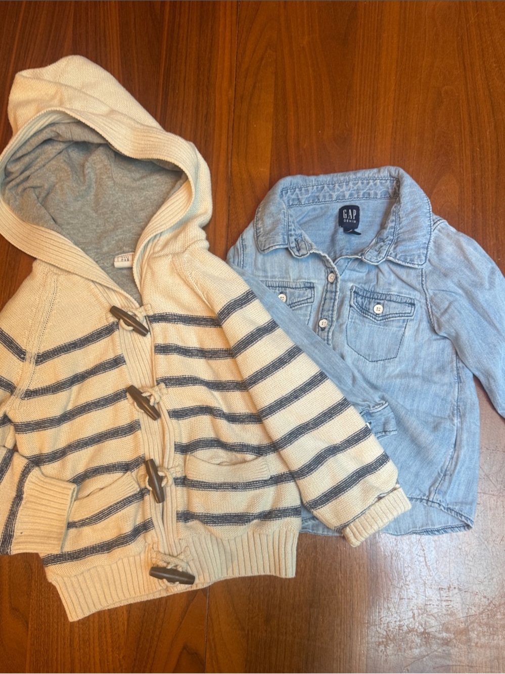 GAP Cream Striped Hooded Sweater & Light Blue Denim Shirt